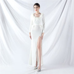 Ostrich Feather Long Sleeve Sequin Evening Dress