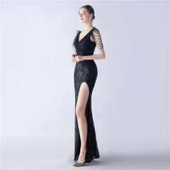 Elegant Feather Beaded Long Sequined Evening Dress