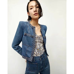 Women Delicate Padded Shoulder Denim Jacket