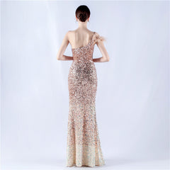 One Shoulder Gradient Velvet Bottom Sequin Feather Evening Dress