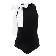 Women Bow Contrast Color Round Neck Sleeveless Bodysuit