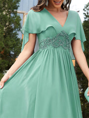 Elegant Chiffon Flared Sleeves Green Evening Dress