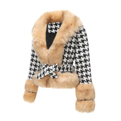 Women Plaid Detachable Short Fur Collar Houndstooth Coat