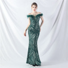 Elegant Boning Corset Ostrich Feather Sequined Evening Dress