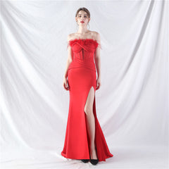 Elegant Feather Boning Corset Satin Evening Dress