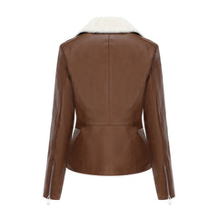 Women Fleece lined Long Sleeve Warm Fur Leather Jacket