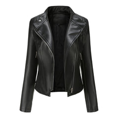 Women Slim-Fit Faux Leather Collared Leather Jacket