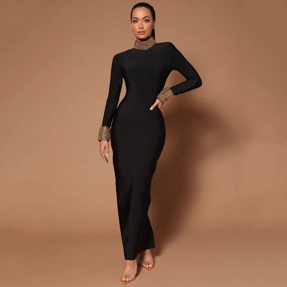 Diamond Beaded Long Sleeve Bandage Backless Cocktail Dress