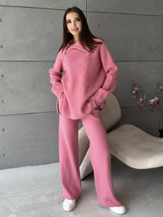 High Collar Zipper Knitted Casual Sweater Two Piece Set