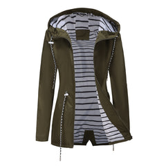 Women Hooded Striped Raincoat Mid Length Trench Coat