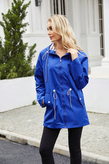 Women Hooded Striped Raincoat Mid Length Trench Coat