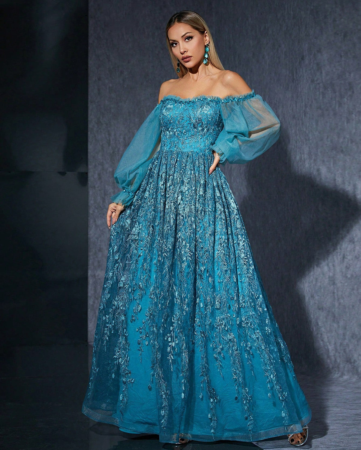 Off Shoulder Bubble Sleeve Drop Sequin Evening Dress