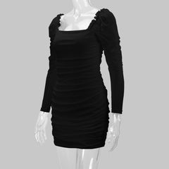 Women Sexy Square Neck Mesh Long Sleeve Party Dress