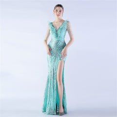 Elegant Feather Beaded Long Sequined Evening Dress