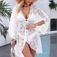 Asymmetric Sexy See through Lace Shirt Lace up Cover up