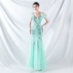 Elegant Ostrich Feather Mesh Sequin Evening Dress