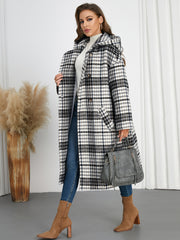 Winter Women Polo Collar Hooded Plaid Long Coat