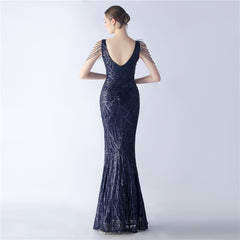 Elegant Feather Beaded Long Sequined Evening Dress