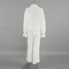 Fall White Pure Cotton Long Sleeve Pajamas Two Piece Set