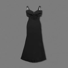 Black Rhinestone Strappy Bow Semi Transparent Formal Dress