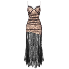 Black Pleated Floral Lace Spaghetti Straps Formal Dress