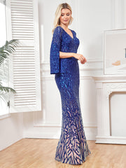 Long Sleeve Deep V Plunge Sequin Fishtail Evening Dress