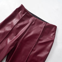 Women Faux Leather Stitching Tight Flared Pants