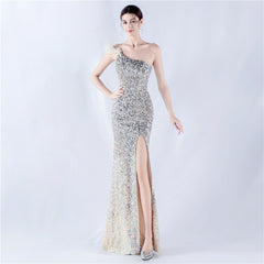 One Shoulder Gradient Velvet Bottom Sequin Feather Evening Dress