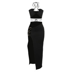 Women Sexy Halter Backless Cutout Split Skirt Set