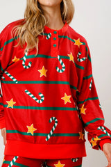 Christmas Printed Button Long Sleeve Two Piece Set