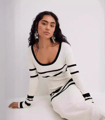 Women Color Block Woolen Striped Knitted Dress