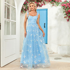 Elegant Lace up Mesh Embroidery Butterfly Pattern Evening Dress