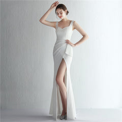 Satin Beaded Long Slit Formal Dress