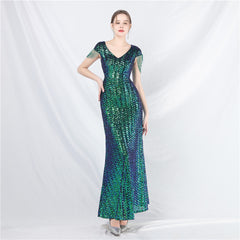 Elegant Craft Beaded Sequined Long A line Evening Dress