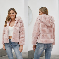 Short Solid Color Loose Hooded Faux Fur Coat