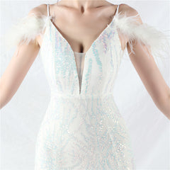 Elegant Ostrich Feather Mesh Sequin Evening Dress