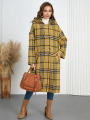 Winter Women Polo Collar Hooded Plaid Long Coat