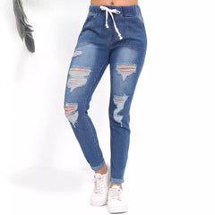 Slim Fit High Waist Hole Denim Jeans