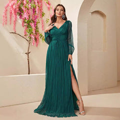 Elegant Long Sleeve Chiffon Lace Slit Formal Dress