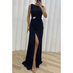 Women Pleated Split Sleeveless Evening Dress