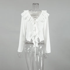 Ruffled White Crepe Casual Long Sleeve Blouse