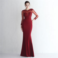 Elegant Satin Rhinestone Lace Long Sleeve Evening Dress