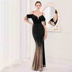 Elegant Velvet Short Sleeve Spaghetti Straps Evening Dress