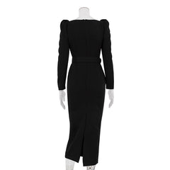 Elegant Low Cut Long Sleeve Cross Design Dress with Belt