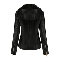 Women's Detachable Hat Hooded Fleece-Lined Leather Jacket