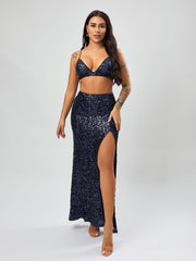 Sexy Sequined High Slit Skirt Set