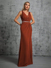 Elegant Brown Slim Fit V Neck Split Formal Dress