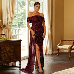 Off Shoulder Long Sequined Evening Dress