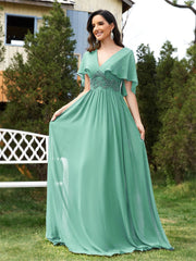 Elegant Chiffon Flared Sleeves Green Evening Dress