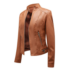 Women Stand Collar Casual Leather Motorcycle Jacket